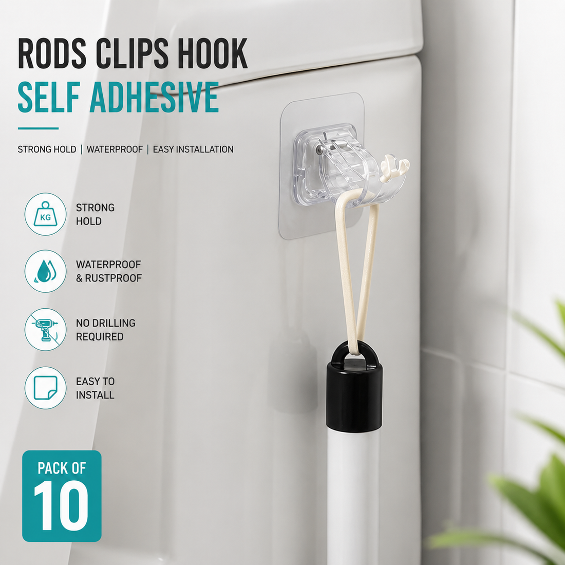 Rods Clips Hook Self Adhesive Pack of 10