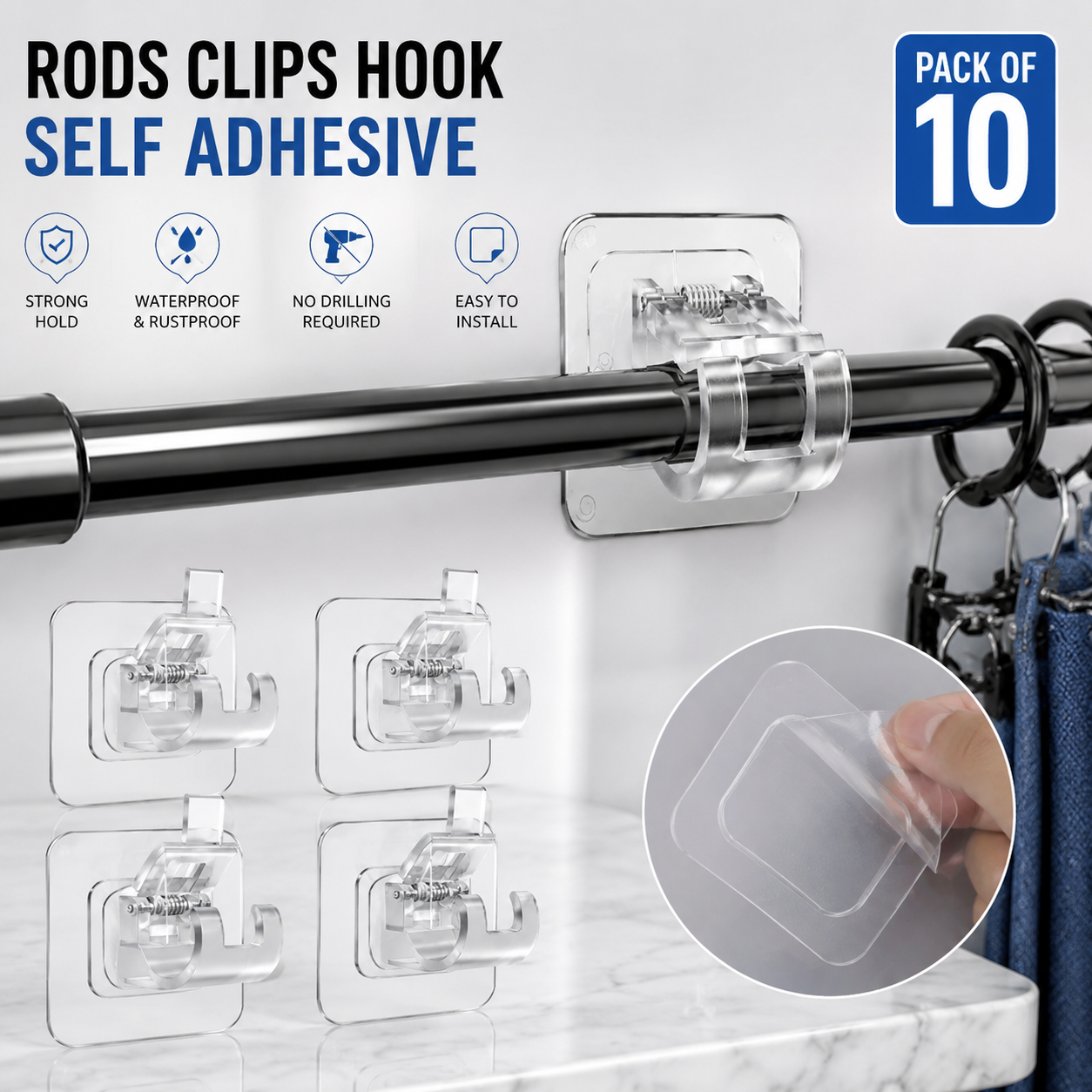 Rods Clips Hook Self Adhesive Pack of 10