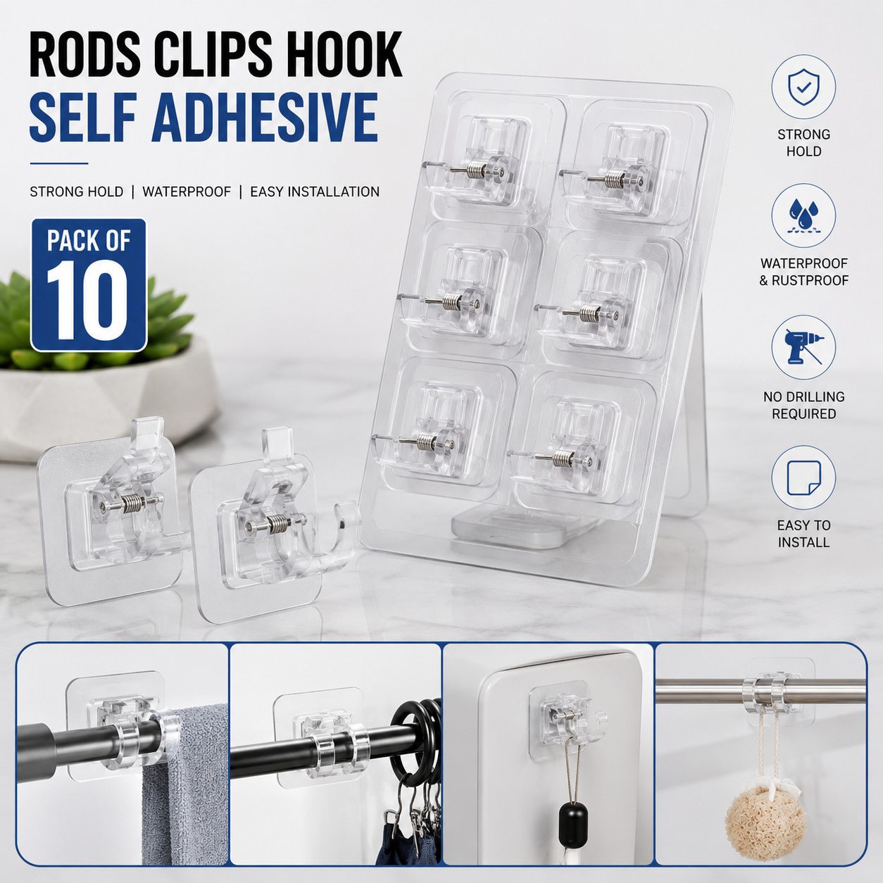 Rods Clips Hook Self Adhesive Pack of 10