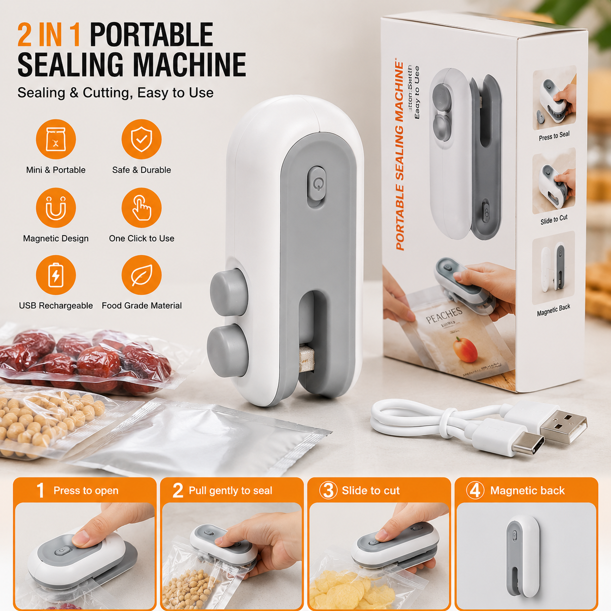 Portable Mini Sealing Machine 2 in 1 USB Rechargeable Magnetic Heat Sealing and Cutting Bag Seale