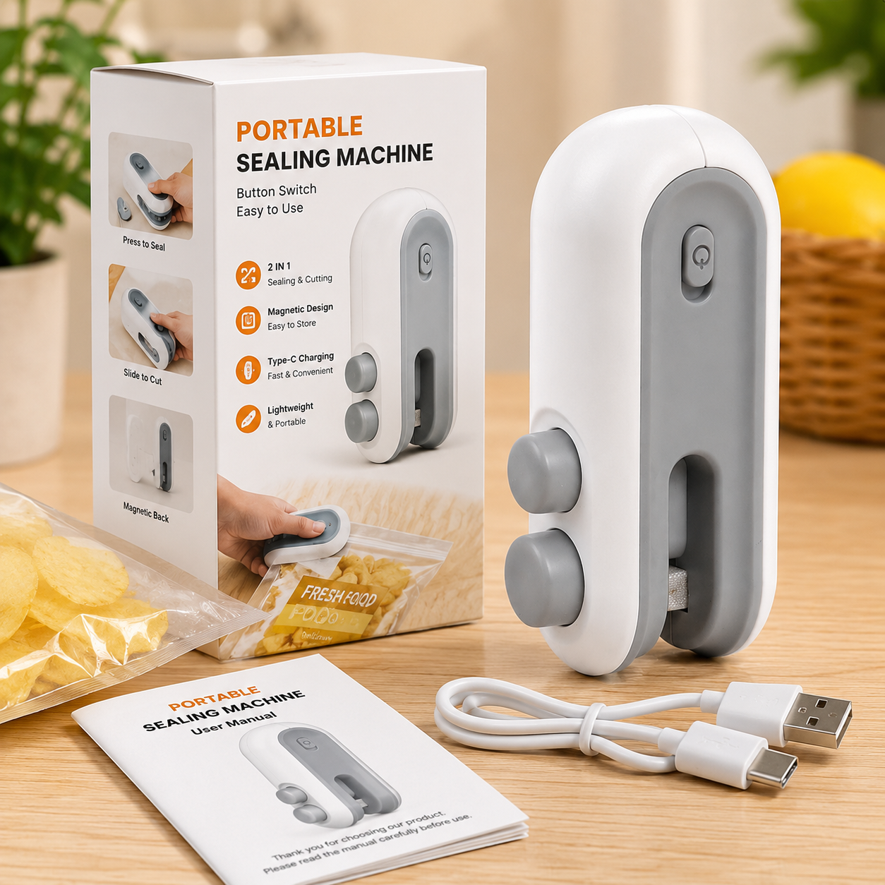 Portable Mini Sealing Machine 2 in 1 USB Rechargeable Magnetic Heat Sealing and Cutting Bag Seale